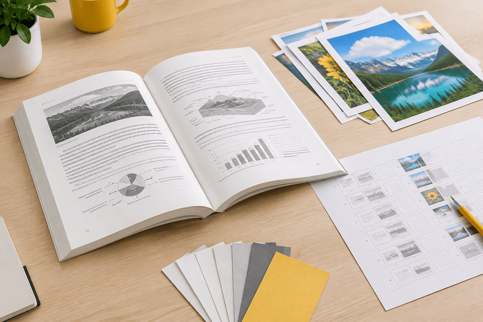 Illustrative planning scene with a black-and-white book, selected color proofs, and a page-map worksheet