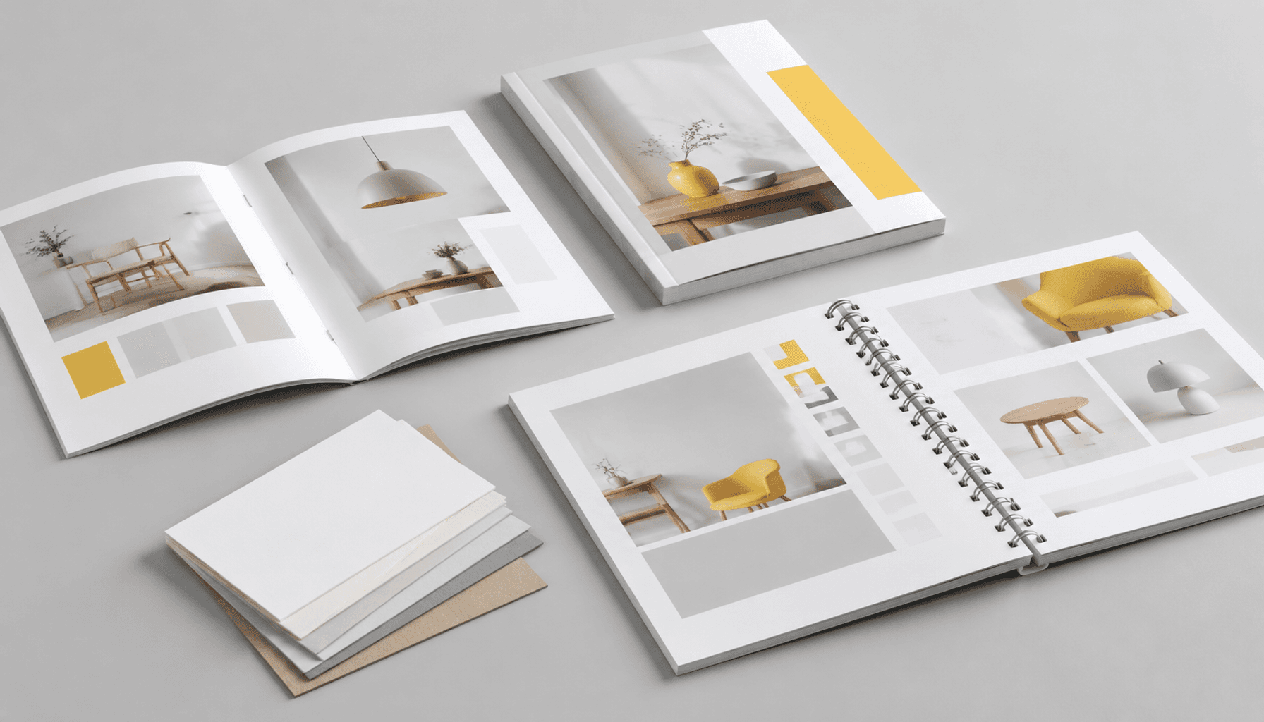 Illustrative saddle-stitched, perfect-bound, and Wire-O product catalogs with paper samples for catalog printing planning.