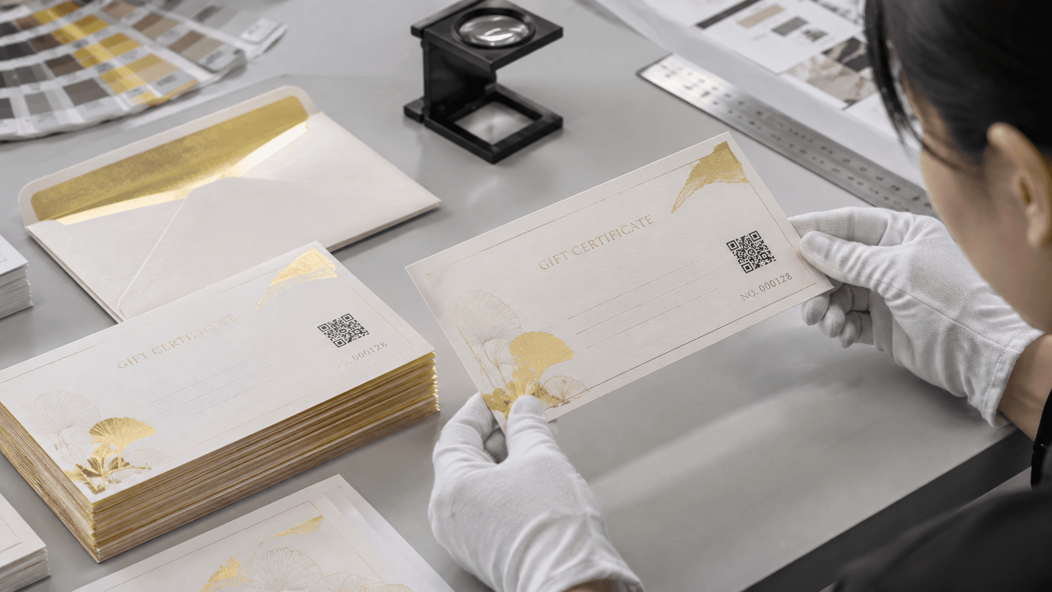 Certificados de regalo impresos con campos para escribir, números de serie, zona de código QR y detalle de estampación con lámina