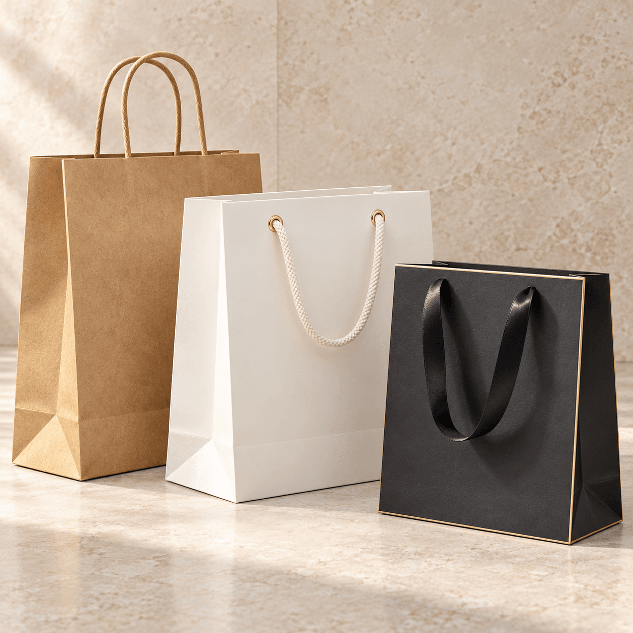Ilustración de bolsas de papel kraft, bolsas blancas con asas de cordón y bolsas negras con asas de cinta