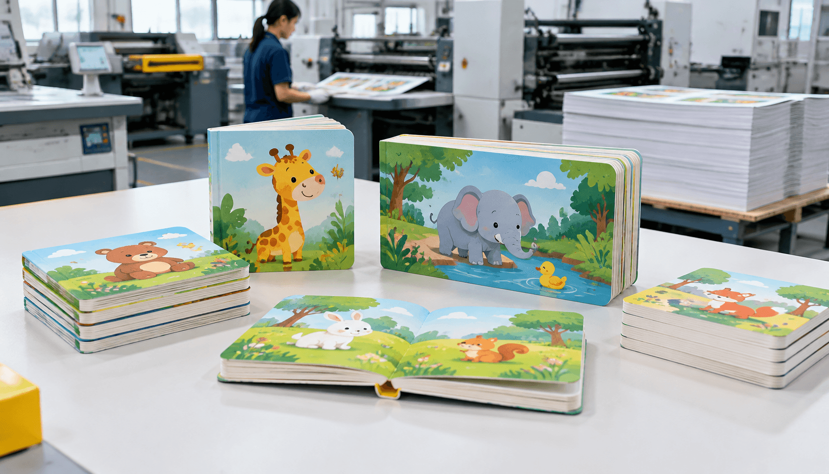 Libros de cartón infantiles terminados, con páginas gruesas y esquinas redondeadas, en una mesa de inspección de imprenta