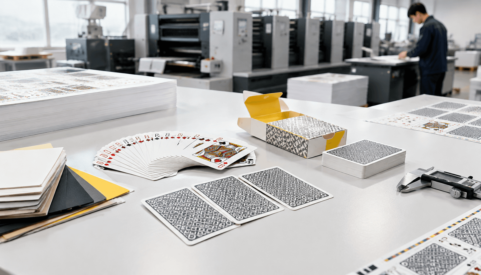 Naipes personalizados, muestras de cartulina y una caja con solapas en una mesa de inspección de imprenta
