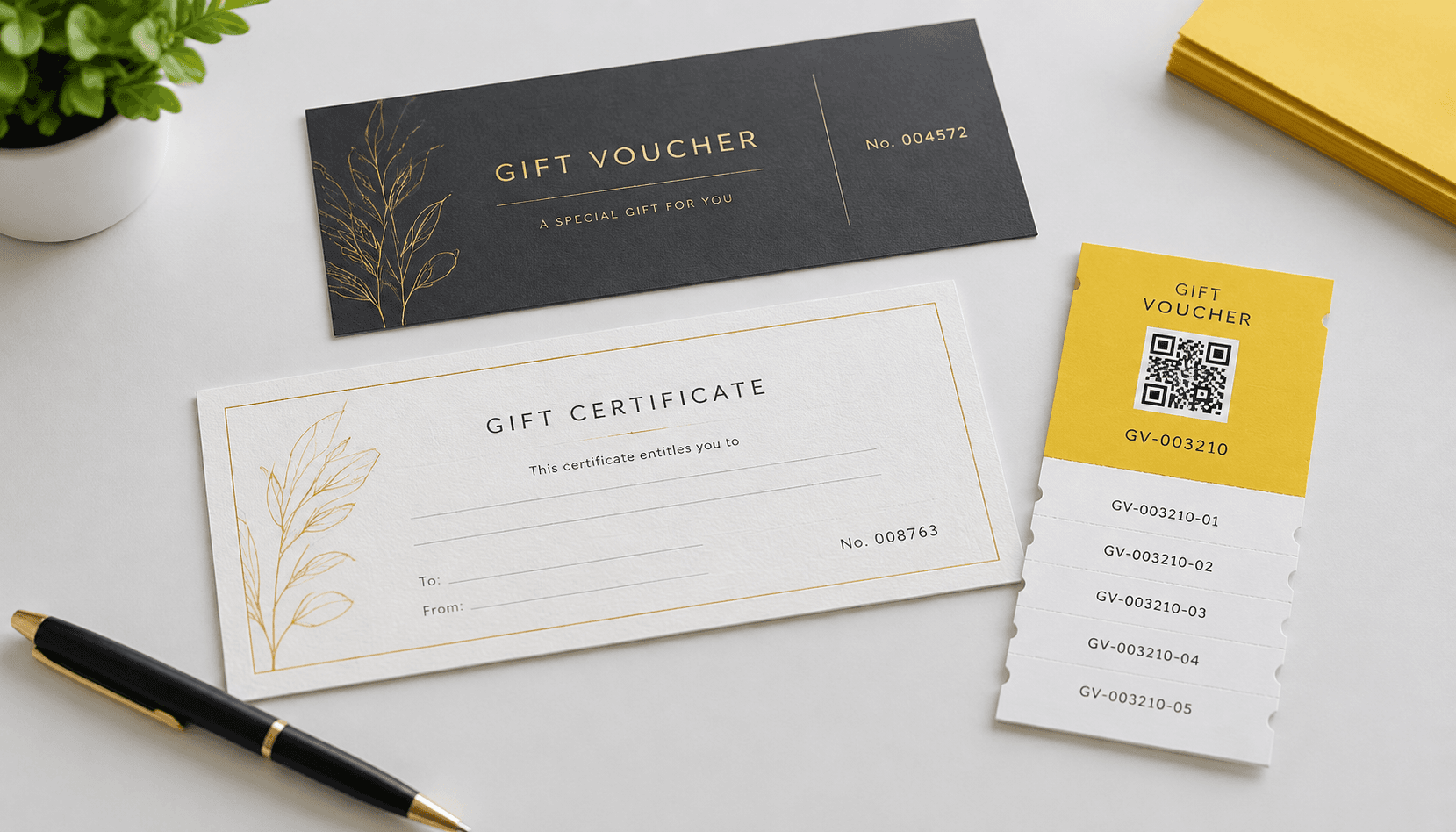 Muestras de vales de regalo en papel y cartulina con números de serie, código QR y campo para escribir