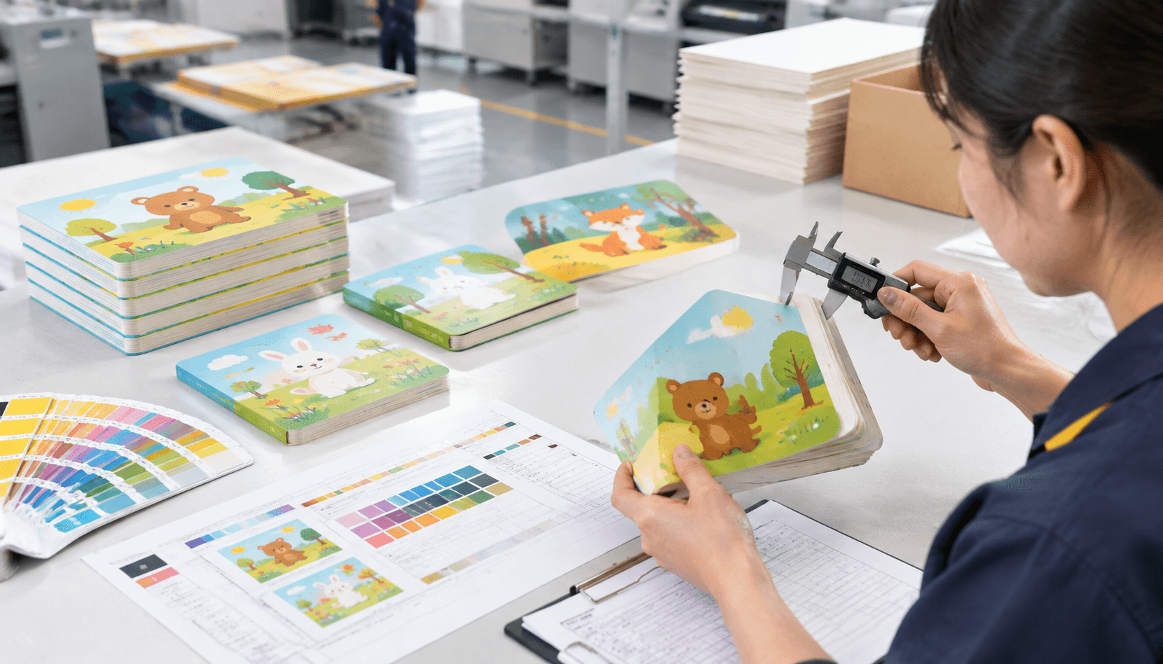 Muestras de libros de cartón, instrumentos de medición y especificaciones preparados para un presupuesto de impresión