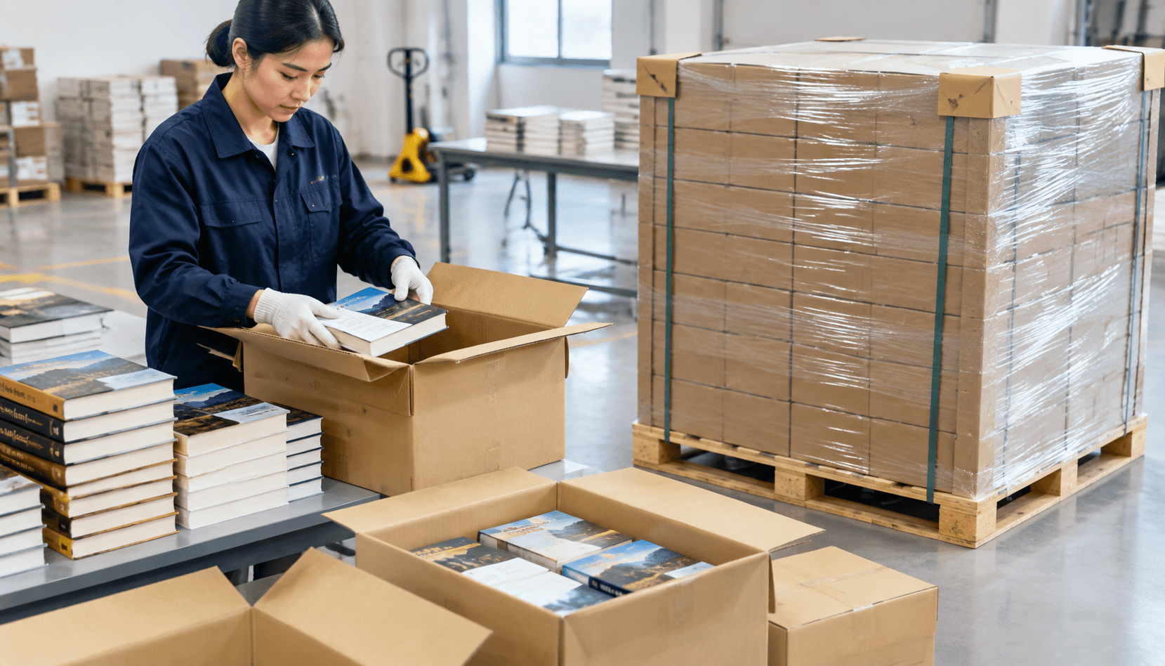 Libros protegidos en cajas de exportación sobre un palé para envío internacional