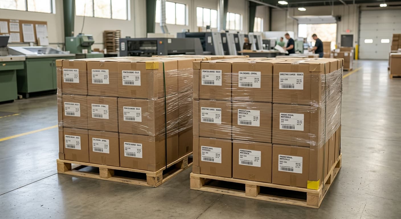 Cajas de productos impresos embaladas para exportación sobre palés en una imprenta