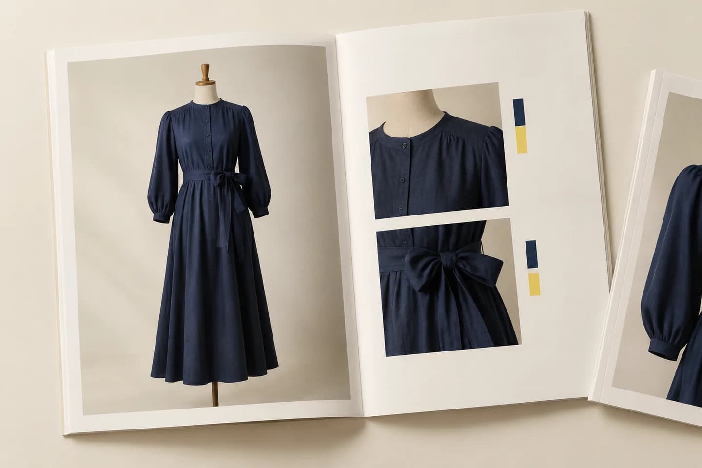 Lookbook spread appariant une image de vêtement pleine page avec des vues plus petites de détail