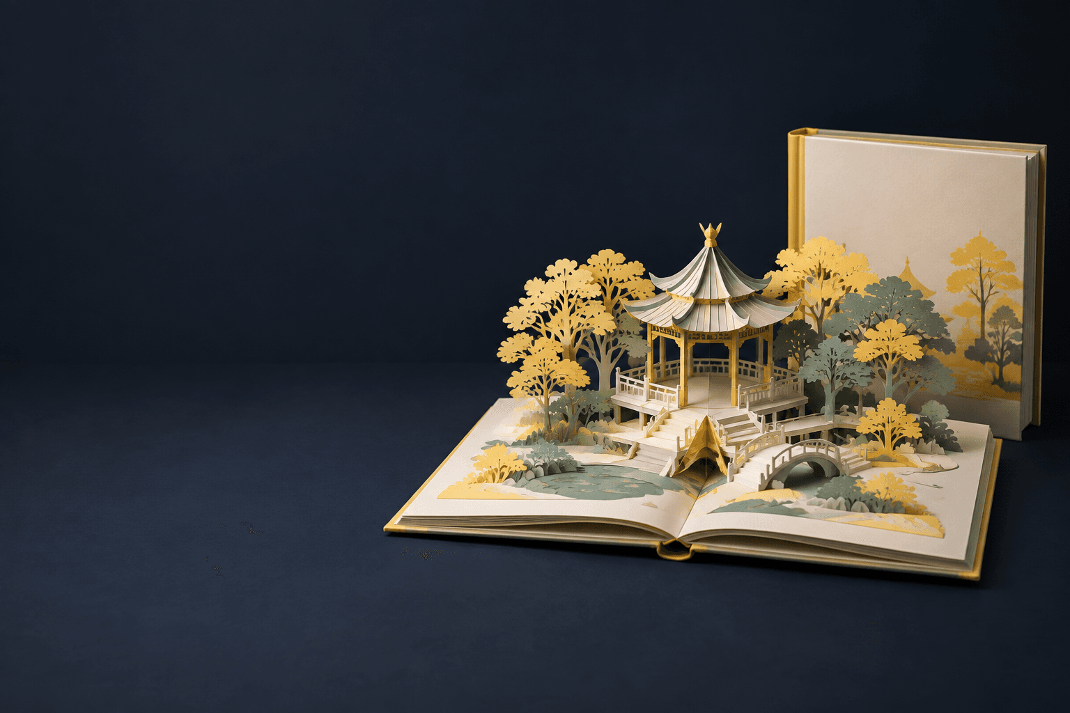 Open pop-up book with a layered paper garden scene on the right against a dark studio background