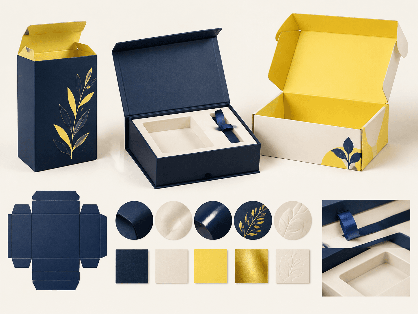 Configuración de cajas de embalaje ilustrativas y opciones de acabado