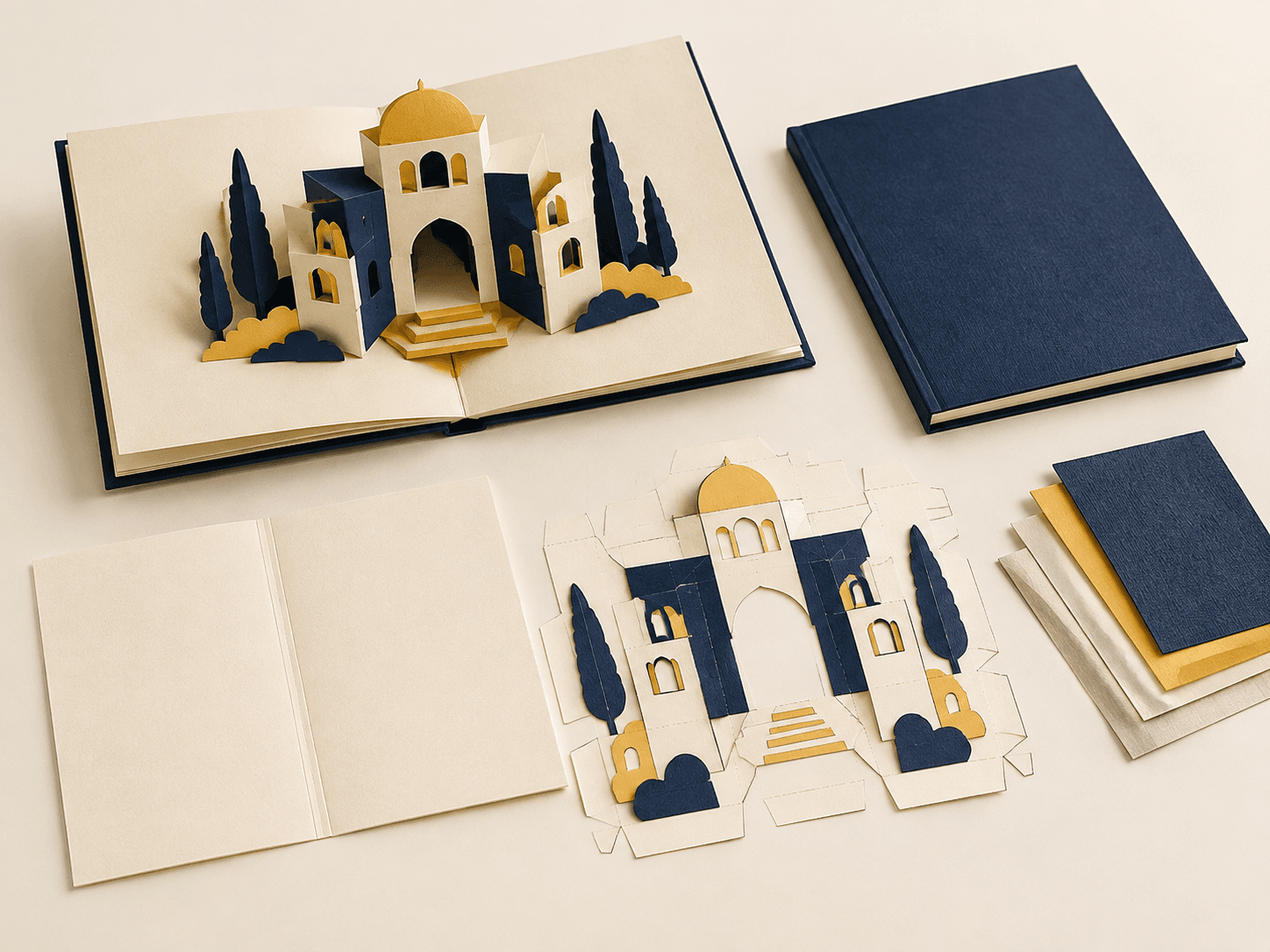 Pop-up book options showing an open paper structure, a flat dummy and paper components