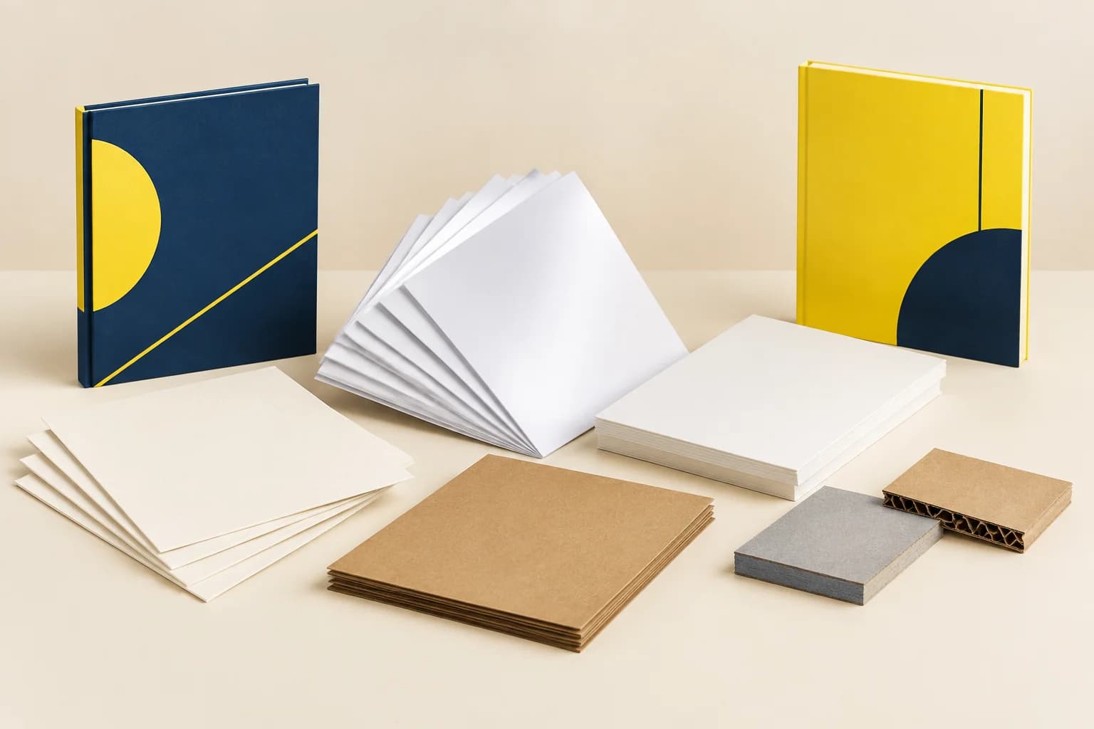 Muestras ilustrativas de papel y cartón para la planificación de proyectos de impresión