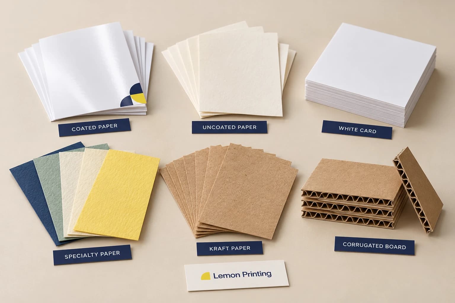 Seis amostras de materiais de papel identificadas: papel revestido, papel não revestido, cartolina branca, papel especial, papel kraft e cartão canelado com caneluras visíveis