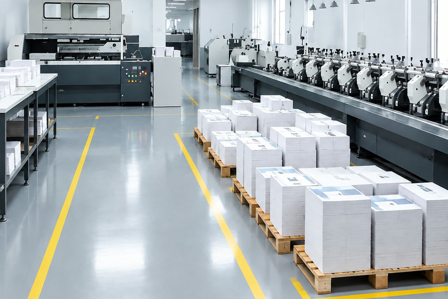 Línea de producción de encuadernación con hojas impresas a la espera de ensamblaje