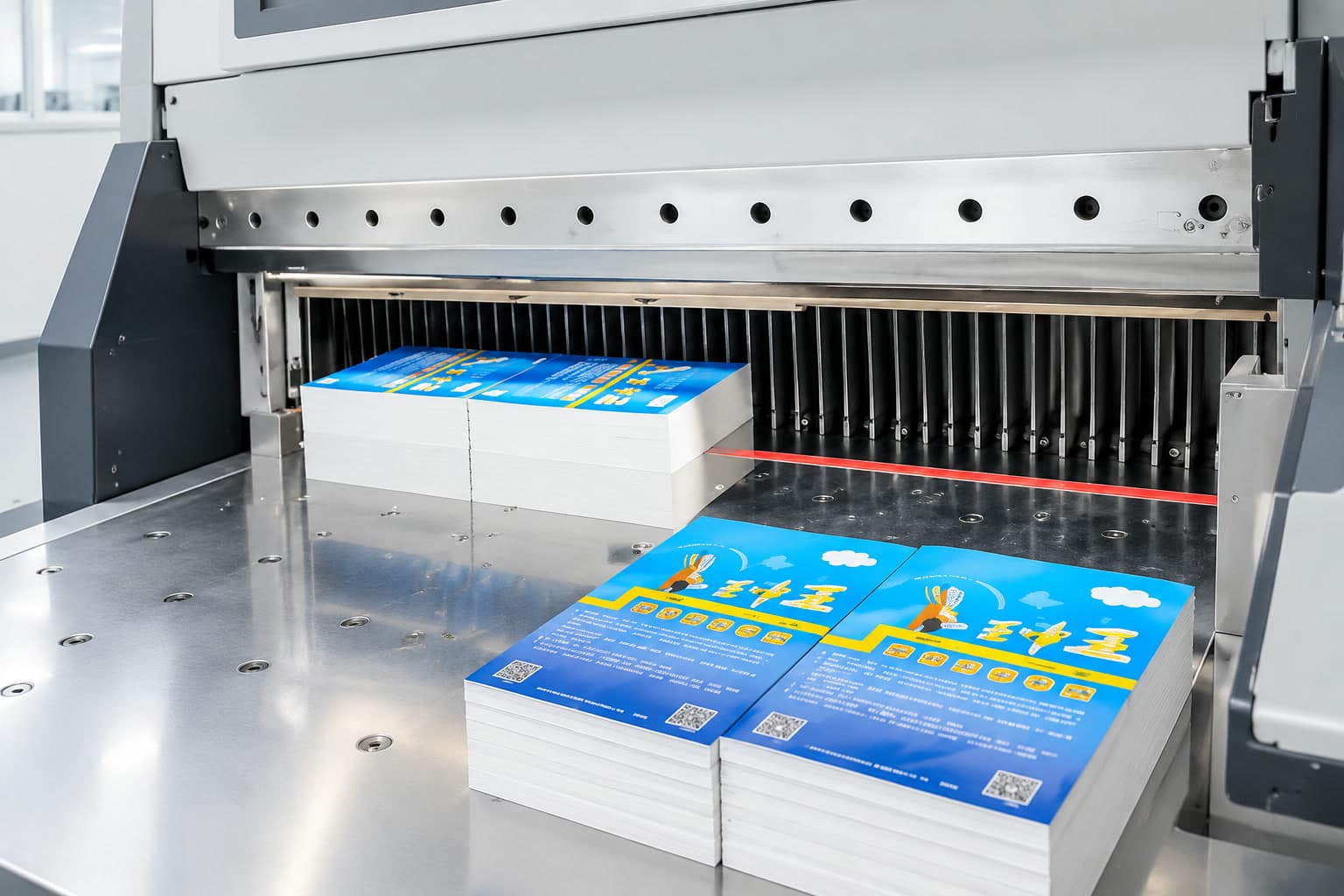 Cortador de guillotinas de papel recortando hojas impresas en Lemon Printing