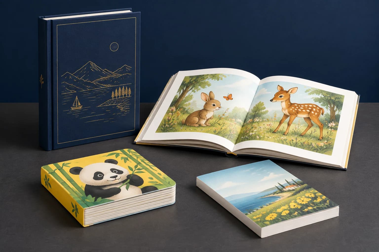 Muestras de libros de tapa dura, libros ilustrados infantiles, libros de cartón y libros de tapa blanda.