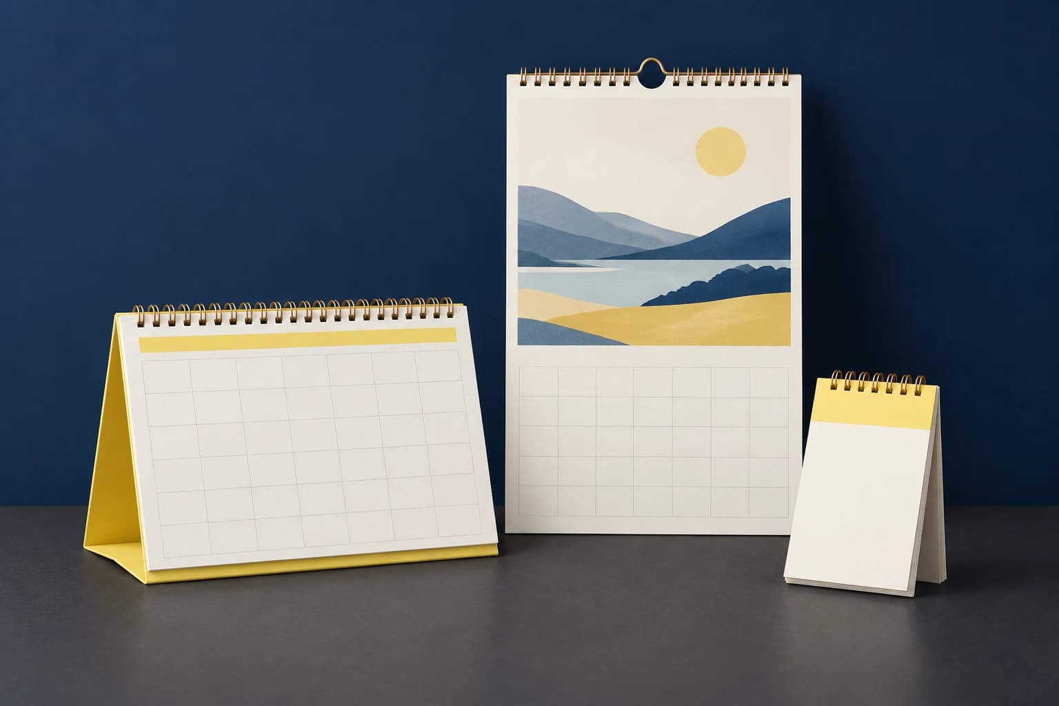 Muestras de calendarios impresos de sobremesa, de pared y de hojas desprendibles.