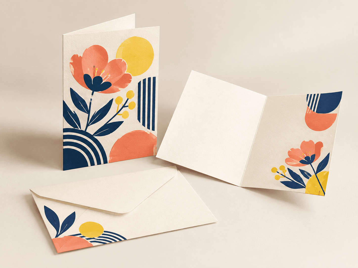 Tarjetas de felicitación plegadas con diseños impresos a todo color