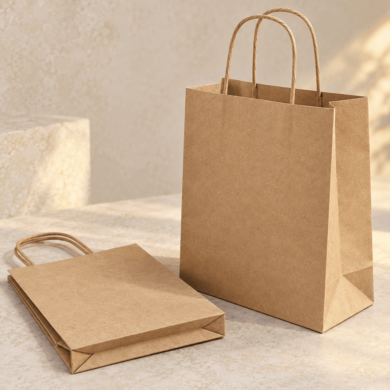 Bolsa de compras de papel kraft con la imagen de la marca y asas retorcidas