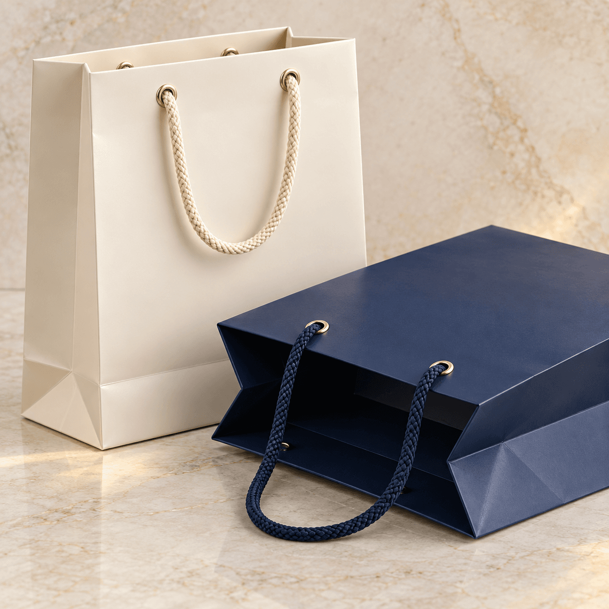 Bolsa de papel con laminado brillante, impresión personalizada y asas de cordón