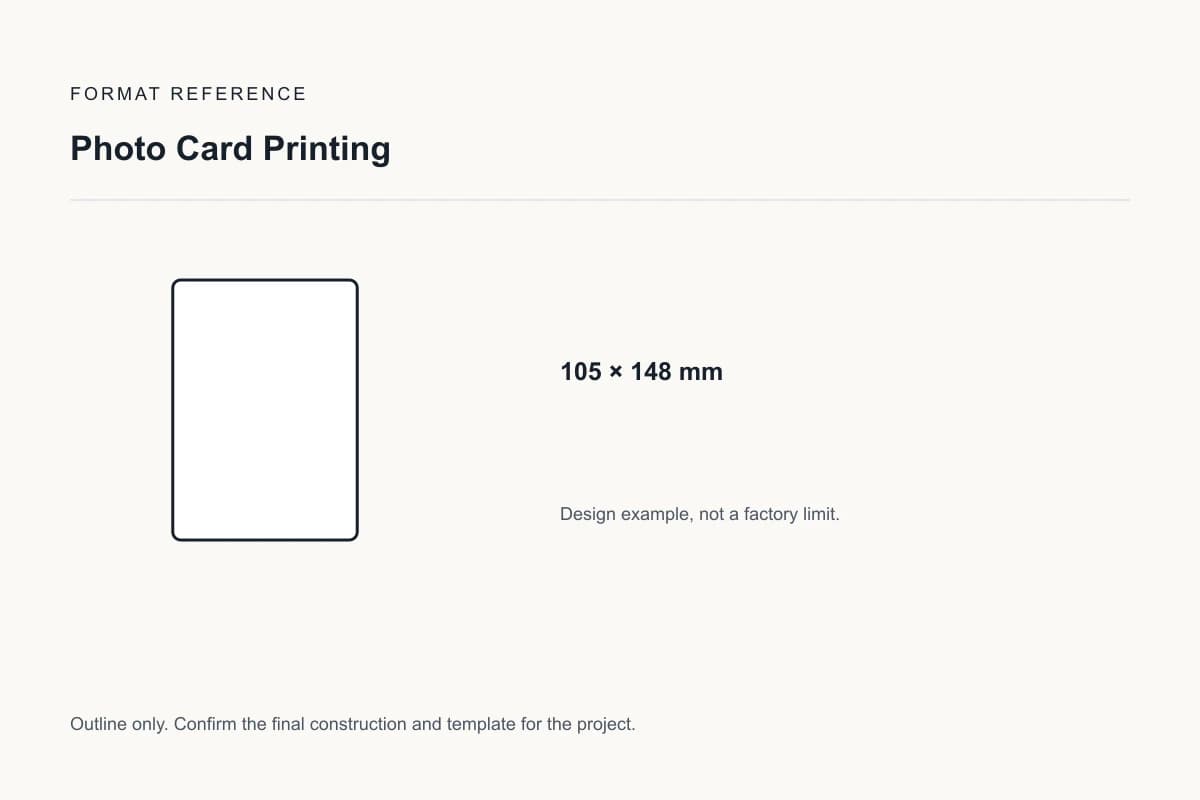 Reference format for photo card printing: 105 × 148 mm; design example, not a production dieline