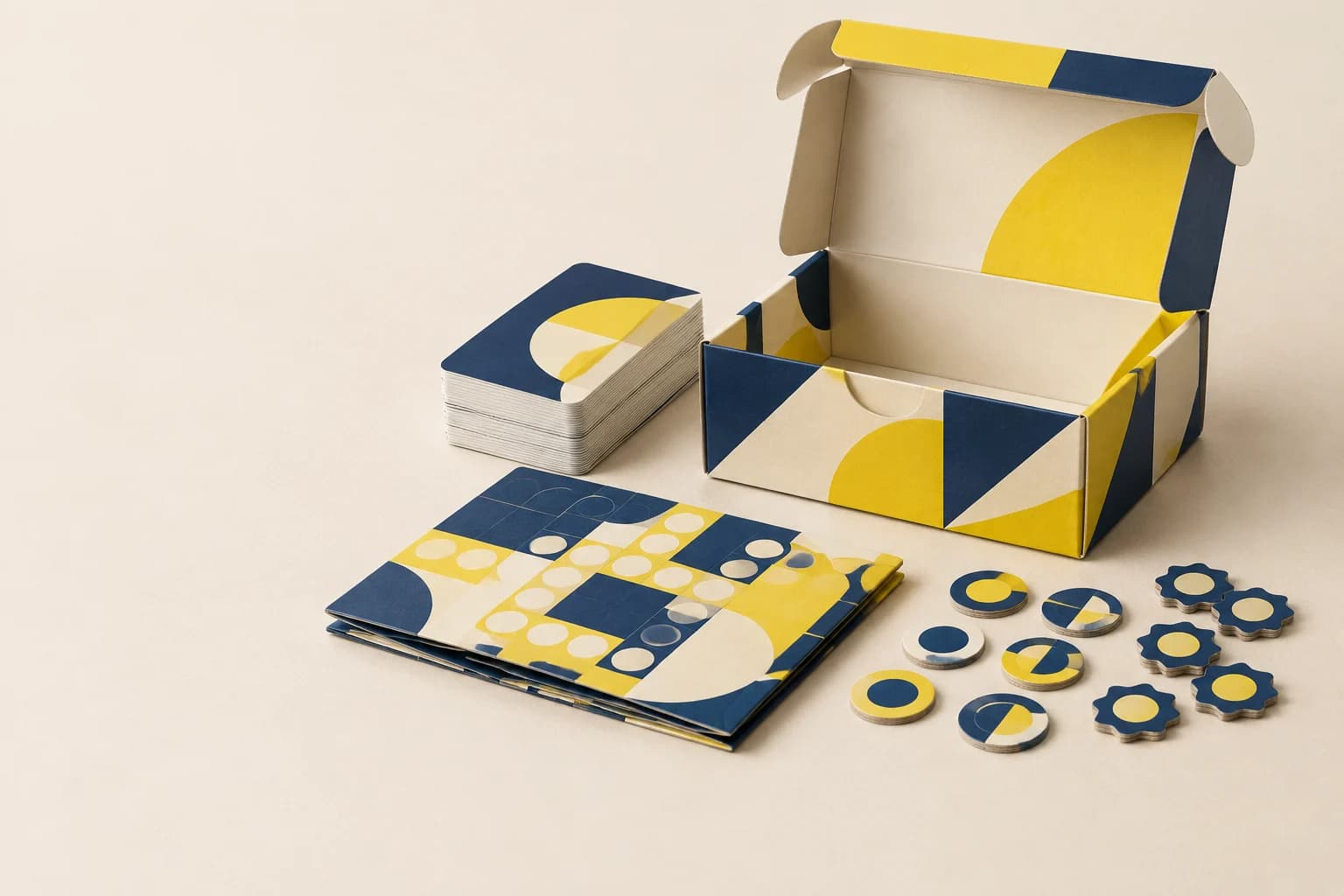 Illustrative board game components beside a printed box, showing the set that drives packaging dimensions