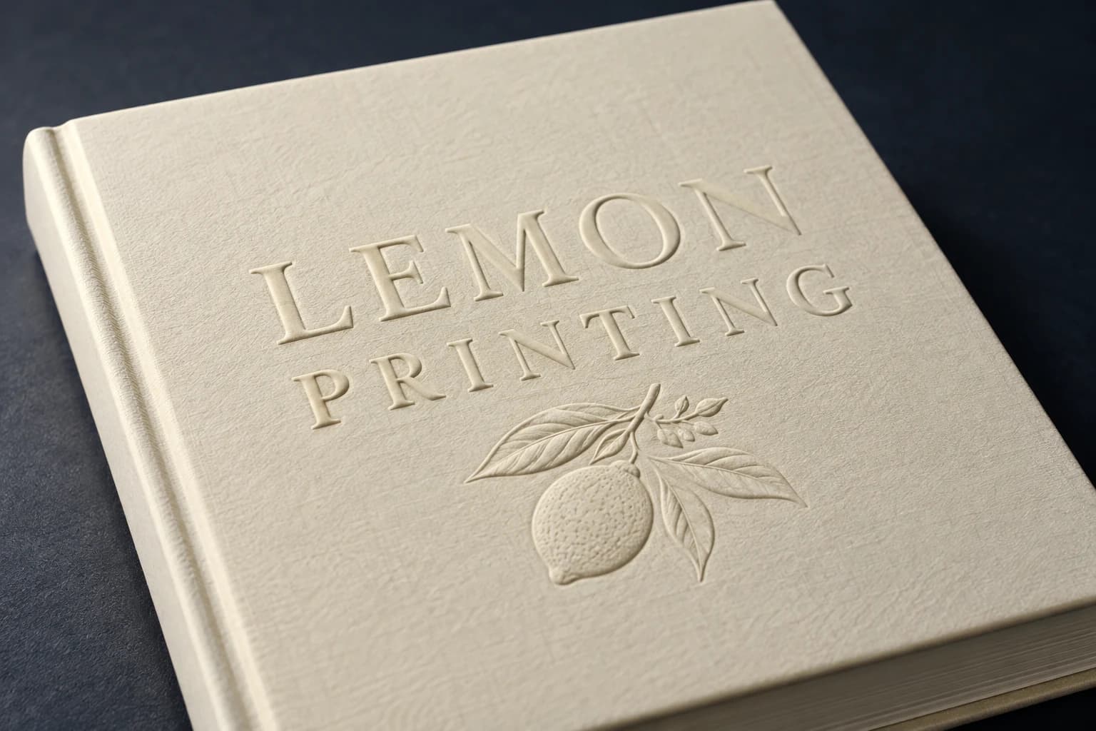 Raised lemon motif and brand lettering on a paper cover; AI-generated finish illustration for Lemon Printing
