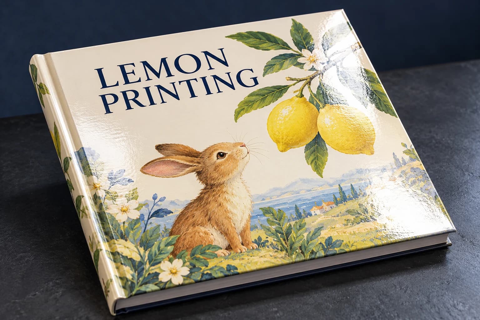 Gloss-laminated illustrated book cover with a broad specular reflection; AI-generated finish illustration for Lemon Printing
