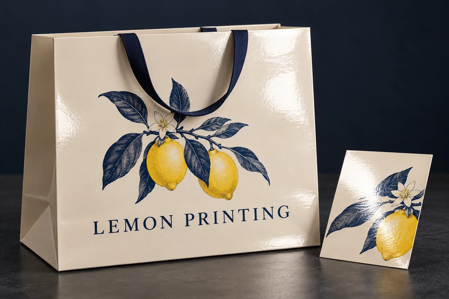 Gloss-laminated paper bag panel showing bright reflection; AI-generated finish illustration for Lemon Printing
