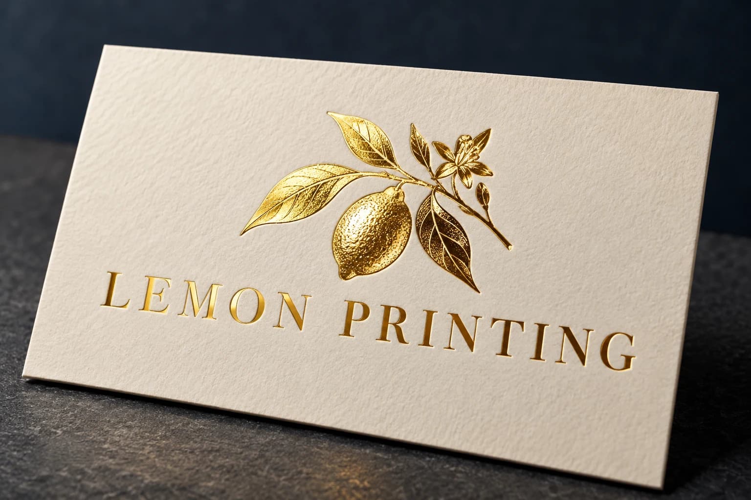 Gold-foil branded ivory card with reflective metallic lettering; AI-generated finish illustration for Lemon Printing