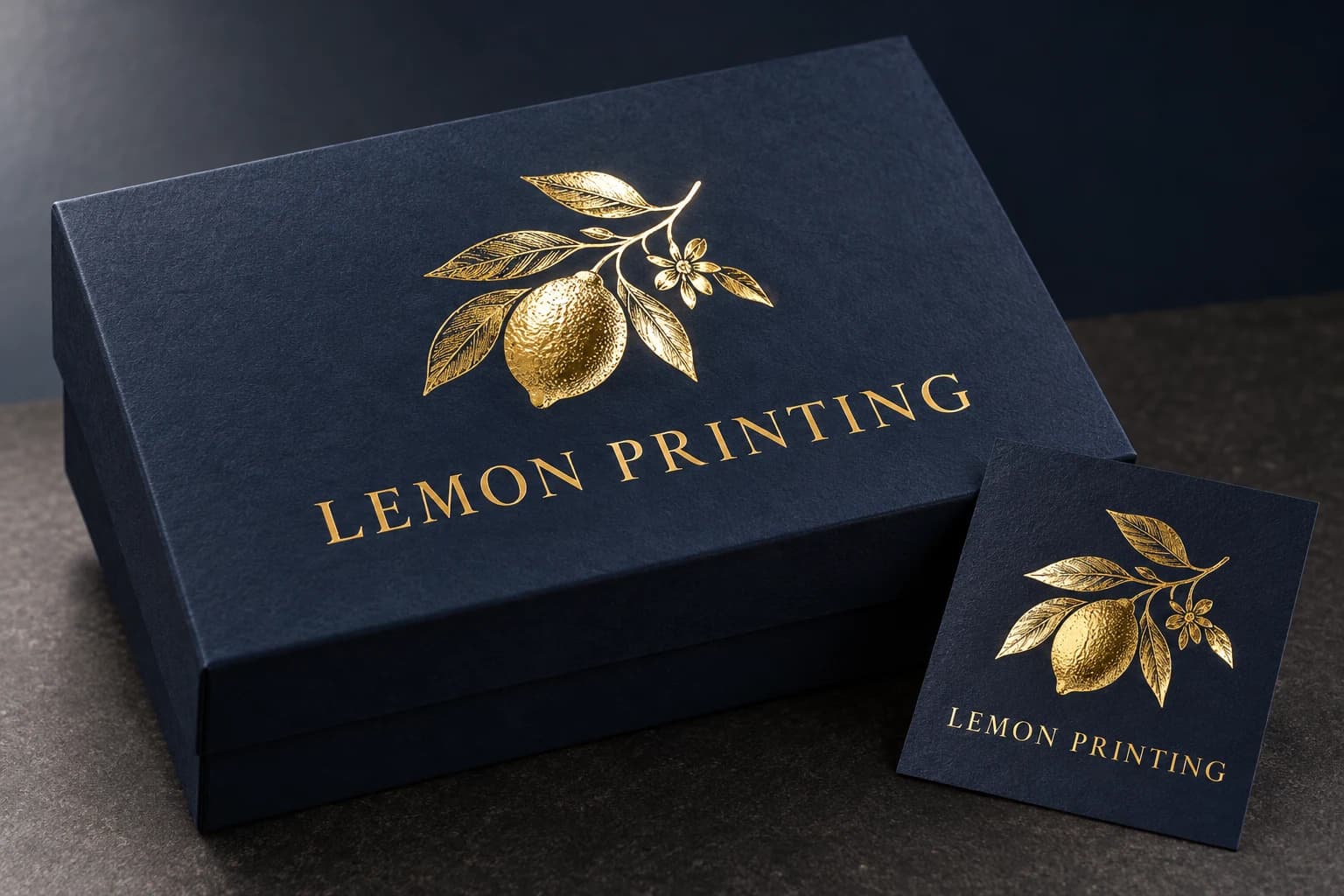 Gold-foil brand mark on a navy packaging lid; AI-generated finish illustration for Lemon Printing