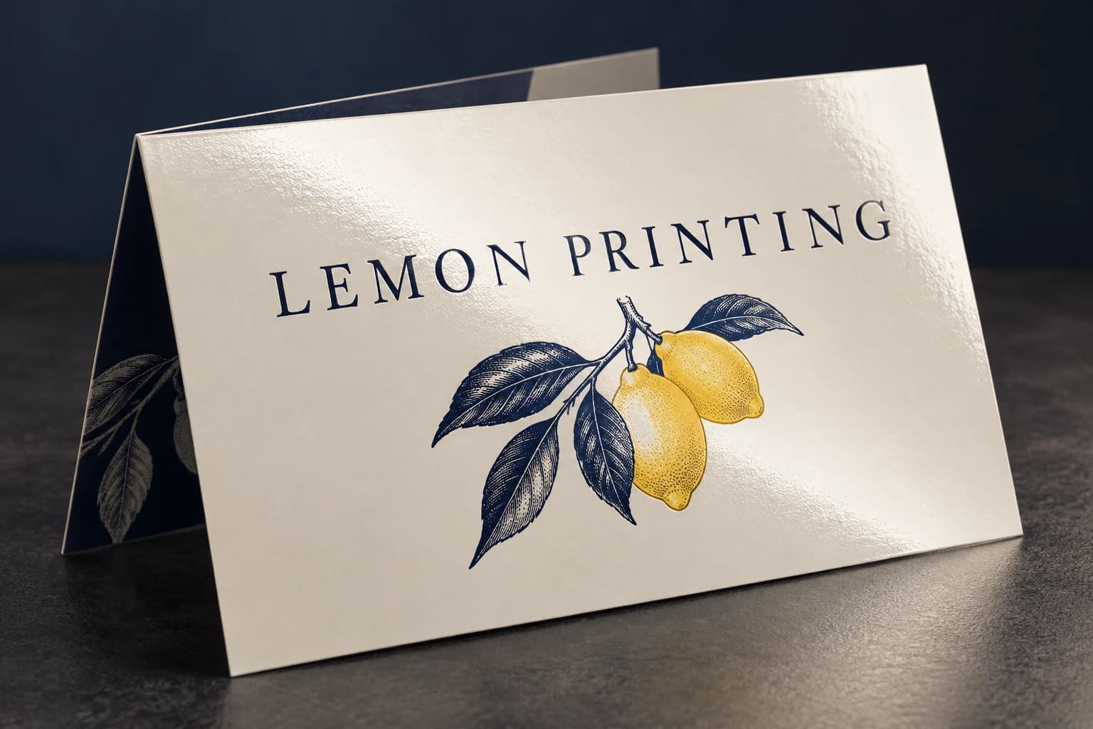 Gloss-coated brochure with an even reflected highlight; AI-generated finish illustration for Lemon Printing