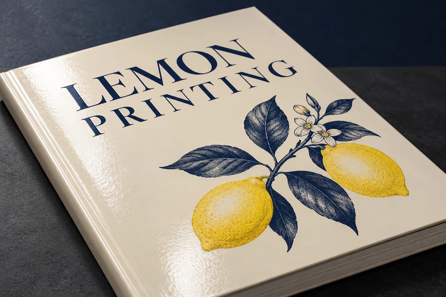 Coated printed cover showing smooth surface sheen; AI-generated finish illustration for Lemon Printing