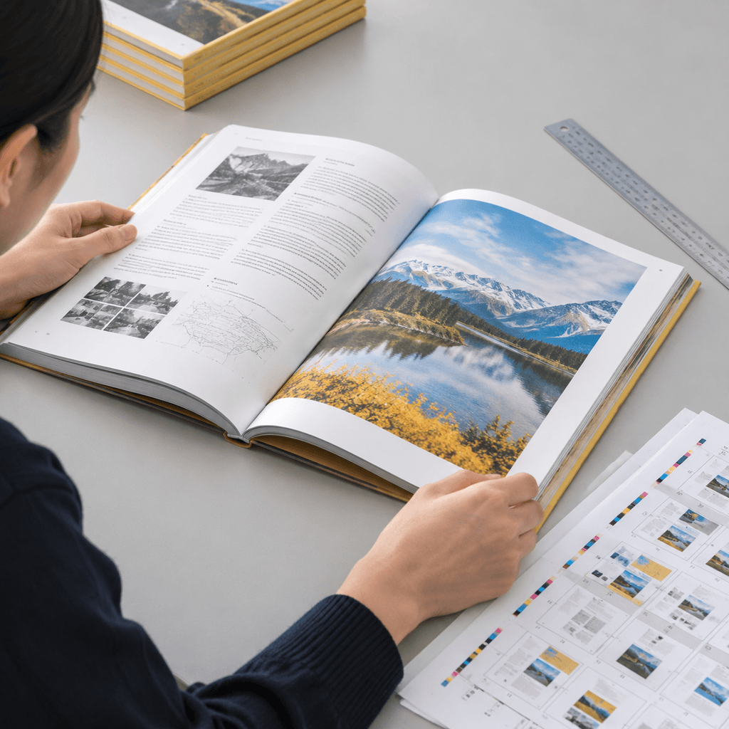 Illustrative inspection of color-section placement and page order in a bound book proof