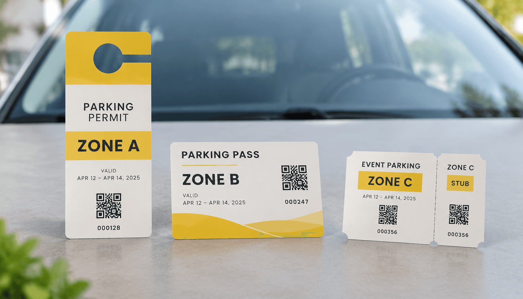 Illustrative parking pass samples in hang tag, dashboard card and perforated formats.