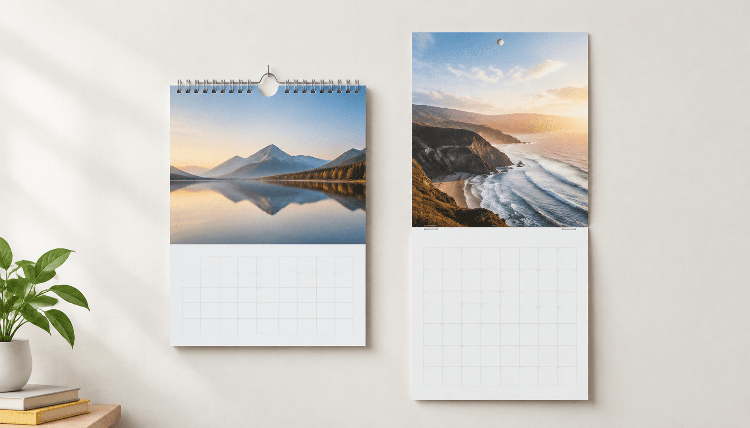 Wall calendar printing samples comparing a Wire-O hanger with a saddle-stitched calendar and drilled hanging hole
