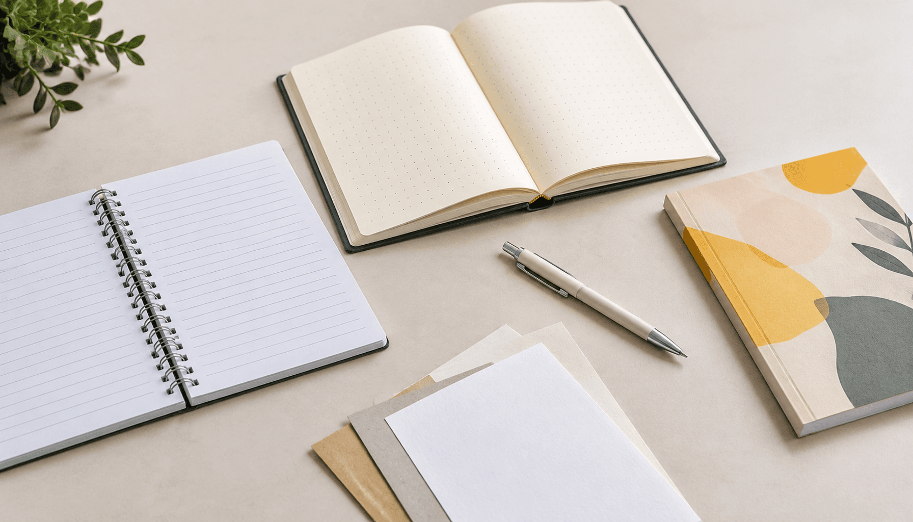 Custom notebook printing samples showing ruled pages, dotted journal pages, and different binding constructions