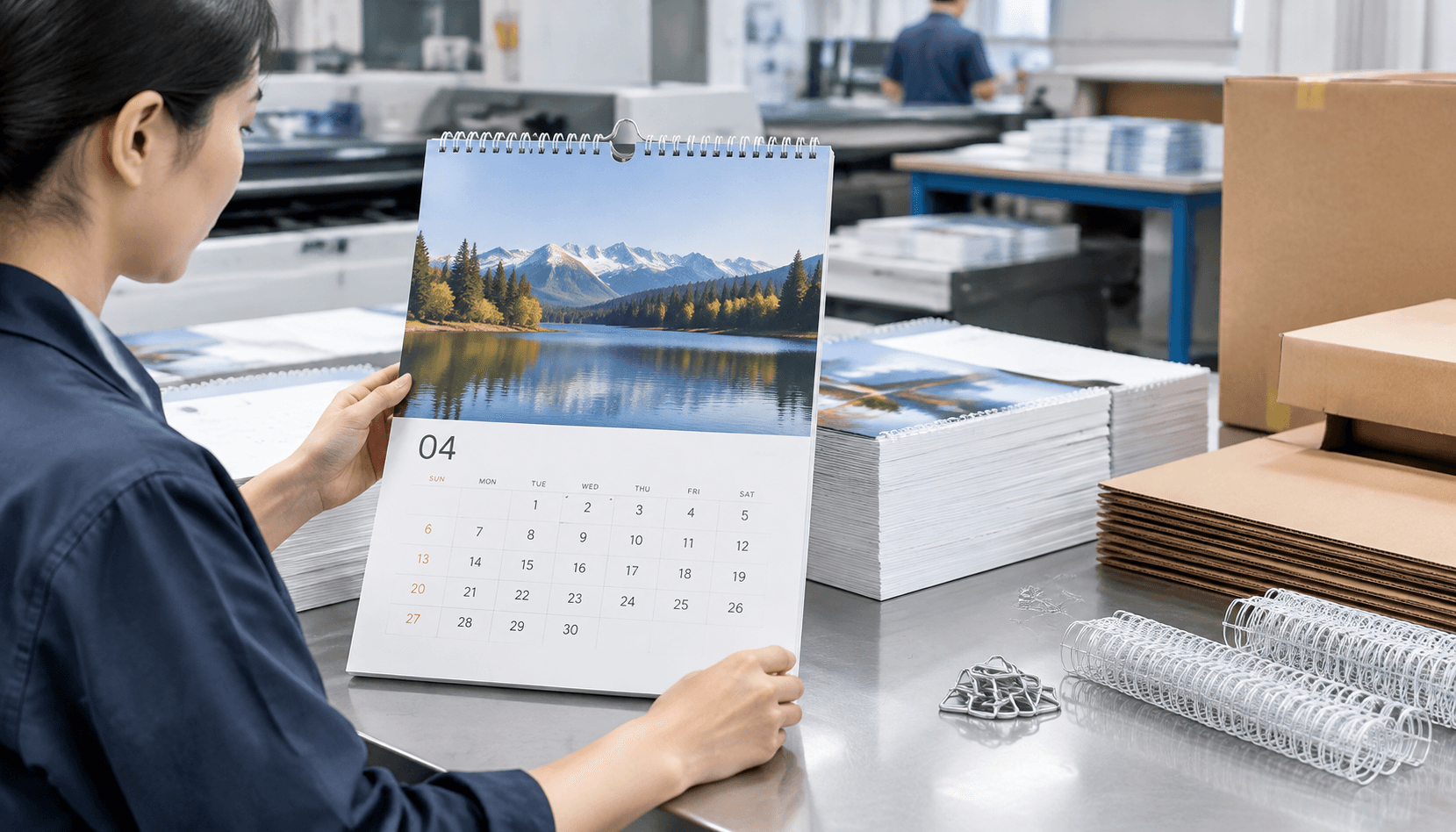 Custom wall calendar printing with Wire-O binding, hanging hardware, and packing materials