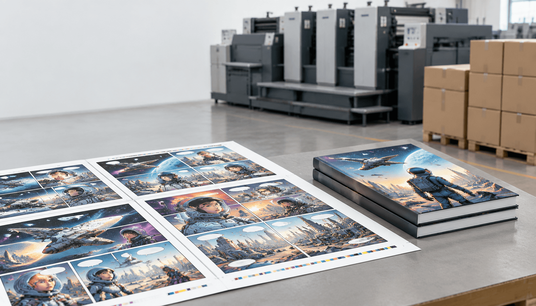 Offset comic press sheets beside perfect-bound color comics and shipping cartons.