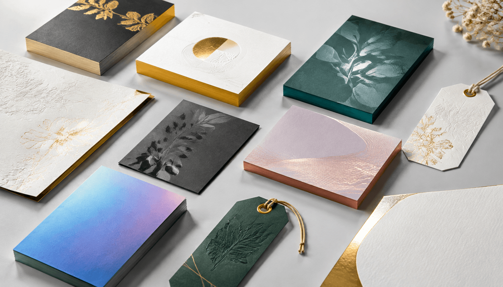 Selection of card printing finishes including lamination, foil, spot UV, embossing and edge coloring