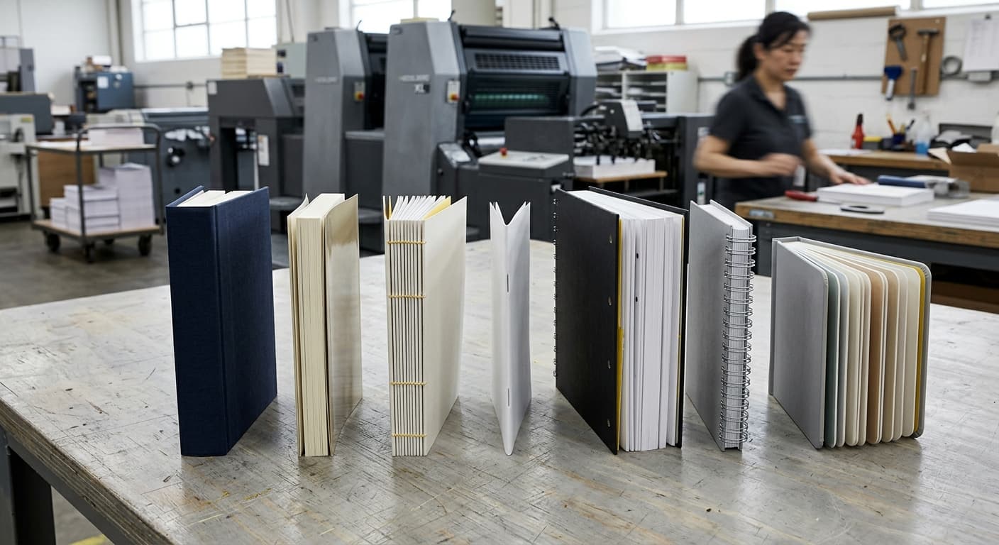 Comparison of hardcover, paperback, sewn, saddle stitch, Wire-O, spiral, and board book binding samples