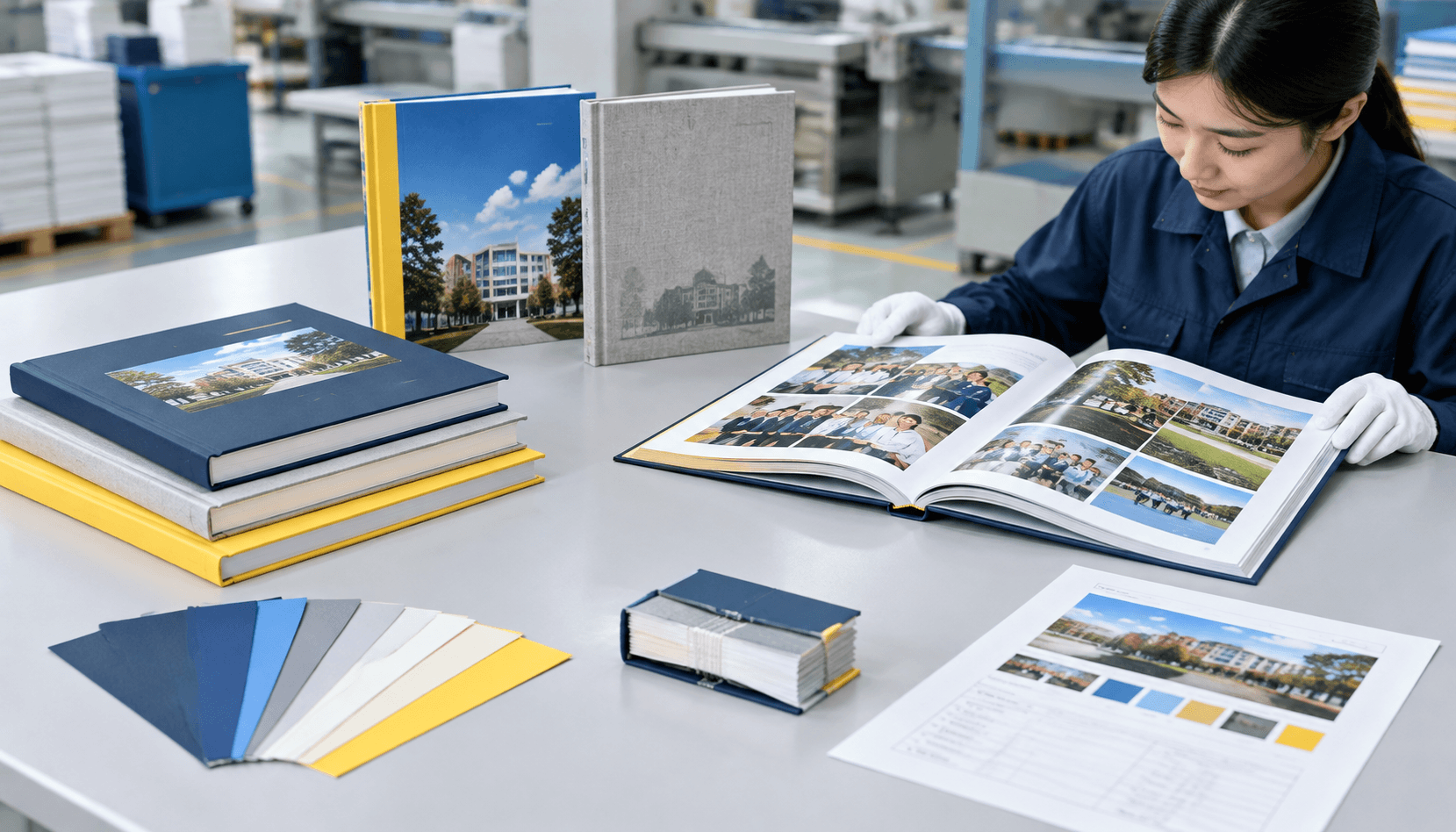 Open and closed hardcover yearbooks with paper and binding samples used to calculate yearbook printing cost