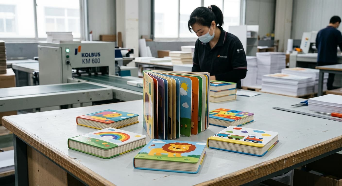 Custom board books with thick pages and rounded corners prepared for commercial printing