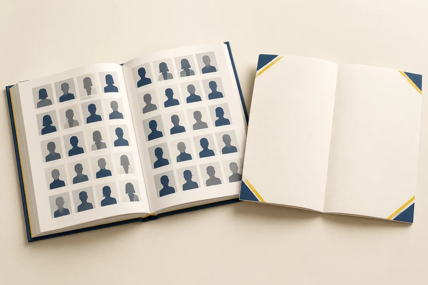 Dupla página de anuário escolar com grelha de retratos junto de uma amostra separada de página em branco para assinaturas