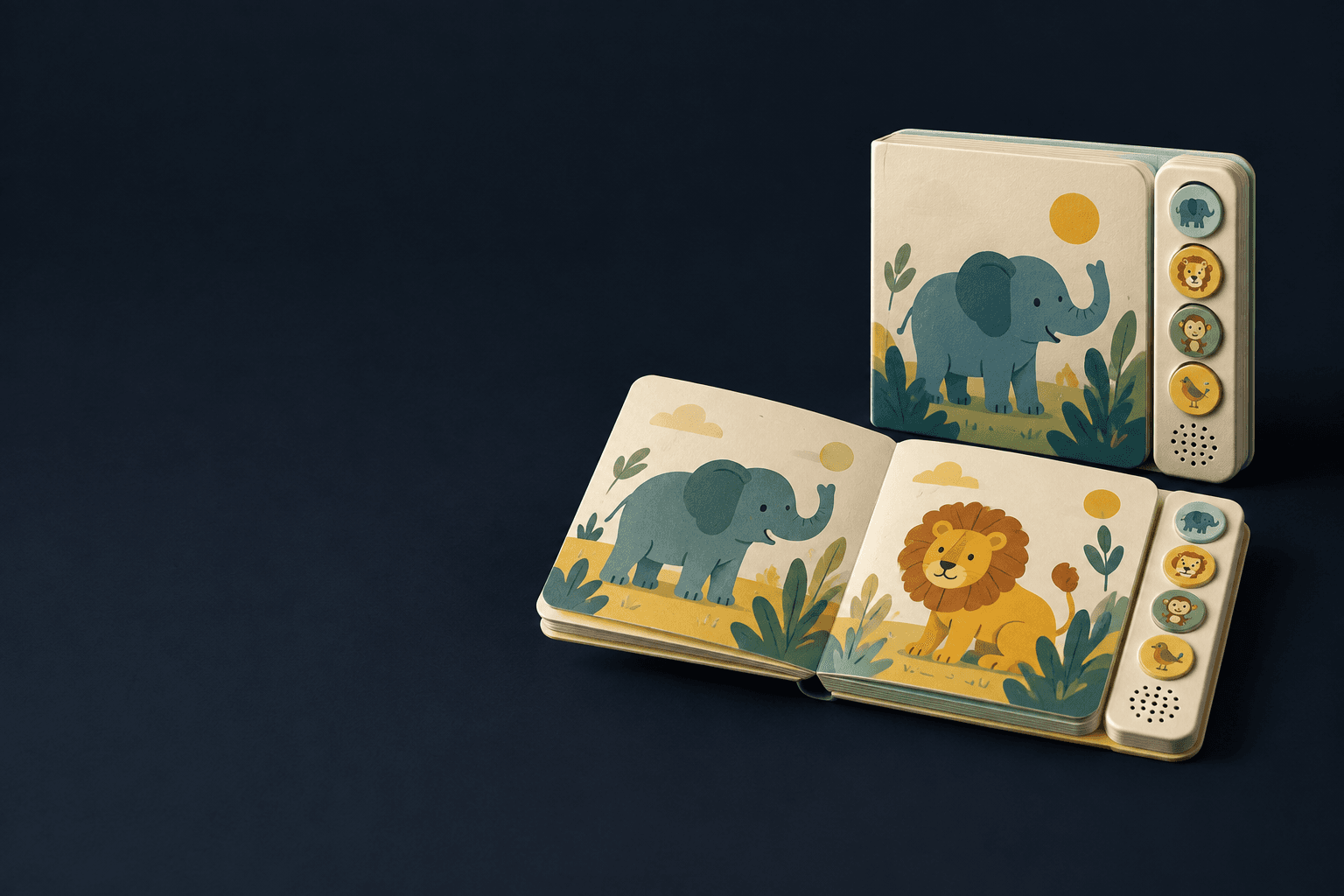 Libro de sonido con temática animal abierto y copia cerrada a juego con paneles de audio de cuatro botones a la derecha de una escena oscura del estudio