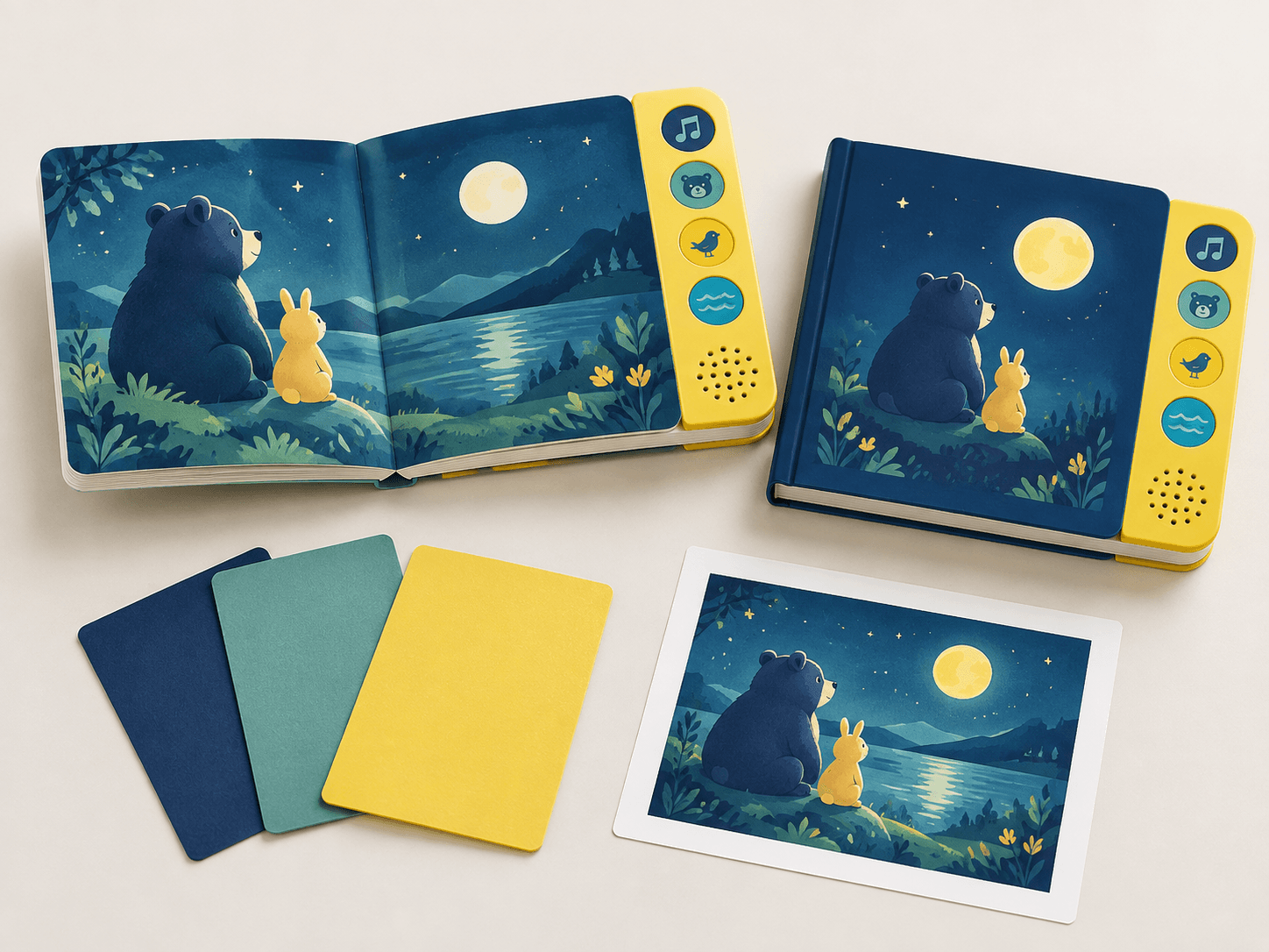 Muestras de personalización de libros sonoros, con ejemplares abiertos y cerrados, muestras de cubierta y una prueba de página.