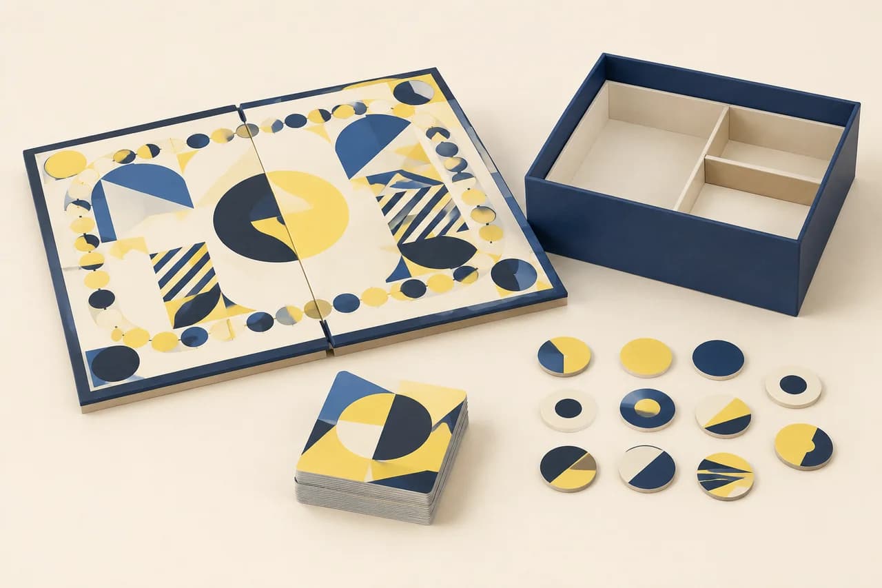 Mounted game board with a central fold, cards, round tokens and a compartmented box