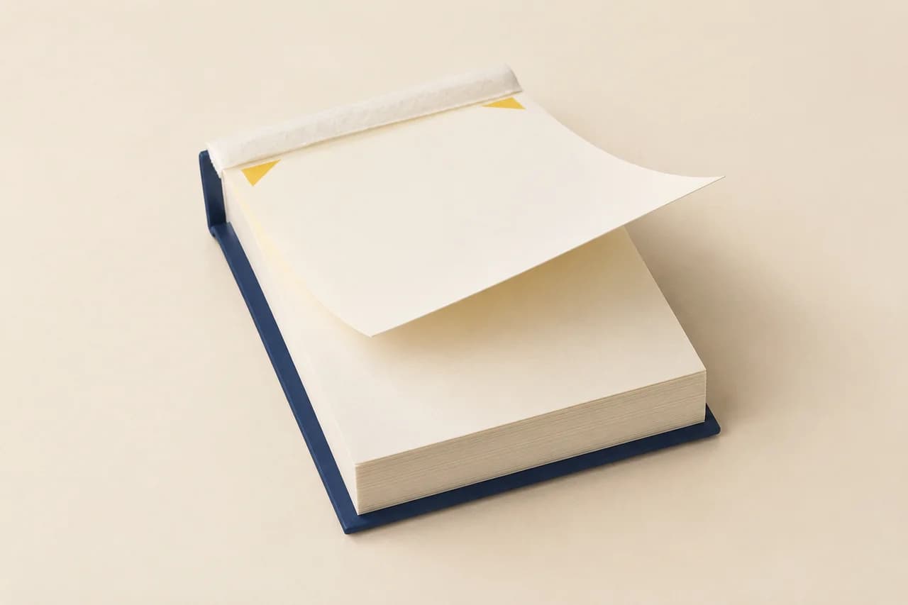 Pad en papier avec une feuille levée, bord supérieur collé et support rigide
