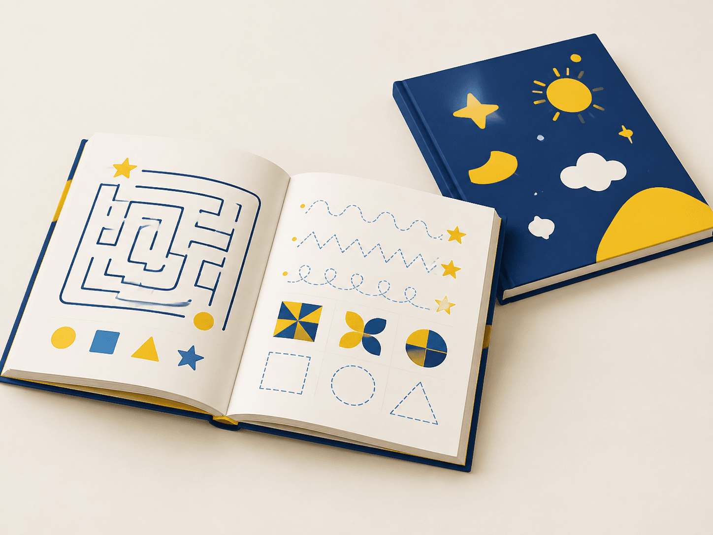 Libro de actividades abierto con rompecabezas, páginas para escribir y componentes adhesivos.