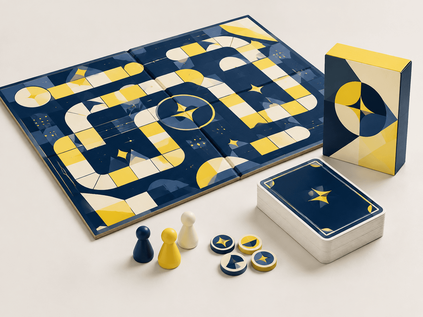 Custom board game with printed board, cards, tokens and box components