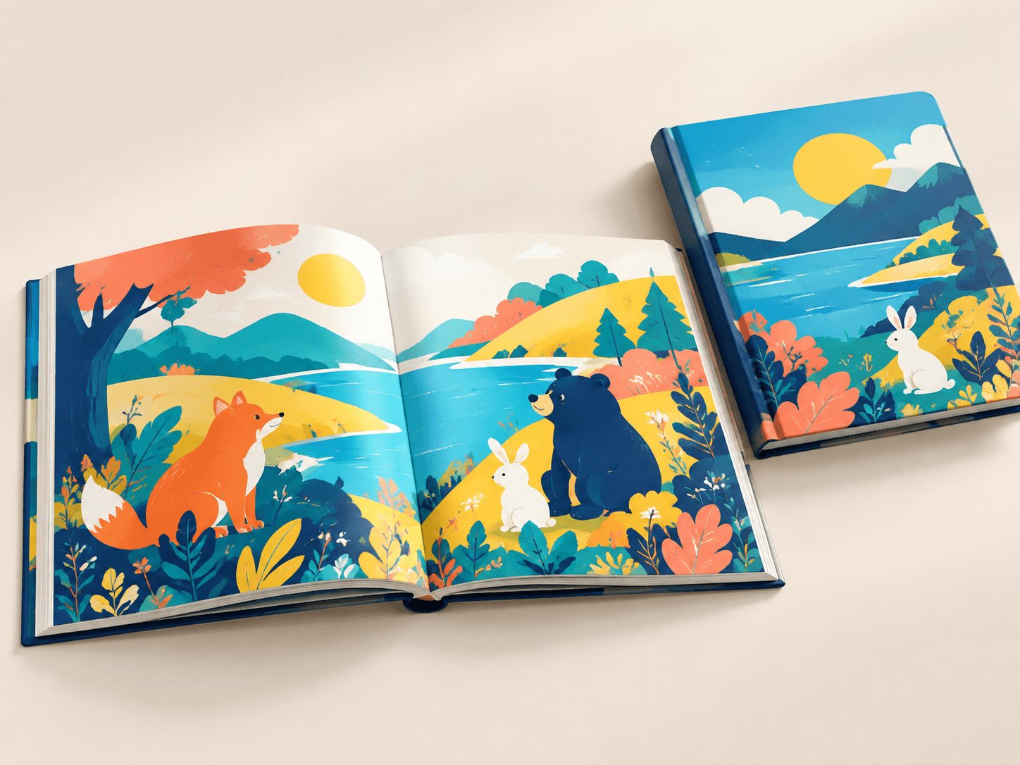 Libro infantil ilustrado abierto en una doble página a todo color.